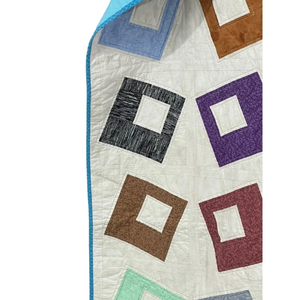 Handmade Patchwork Quilt 68x60 Colorful Geometric Twin Throw Topper Cottagecore